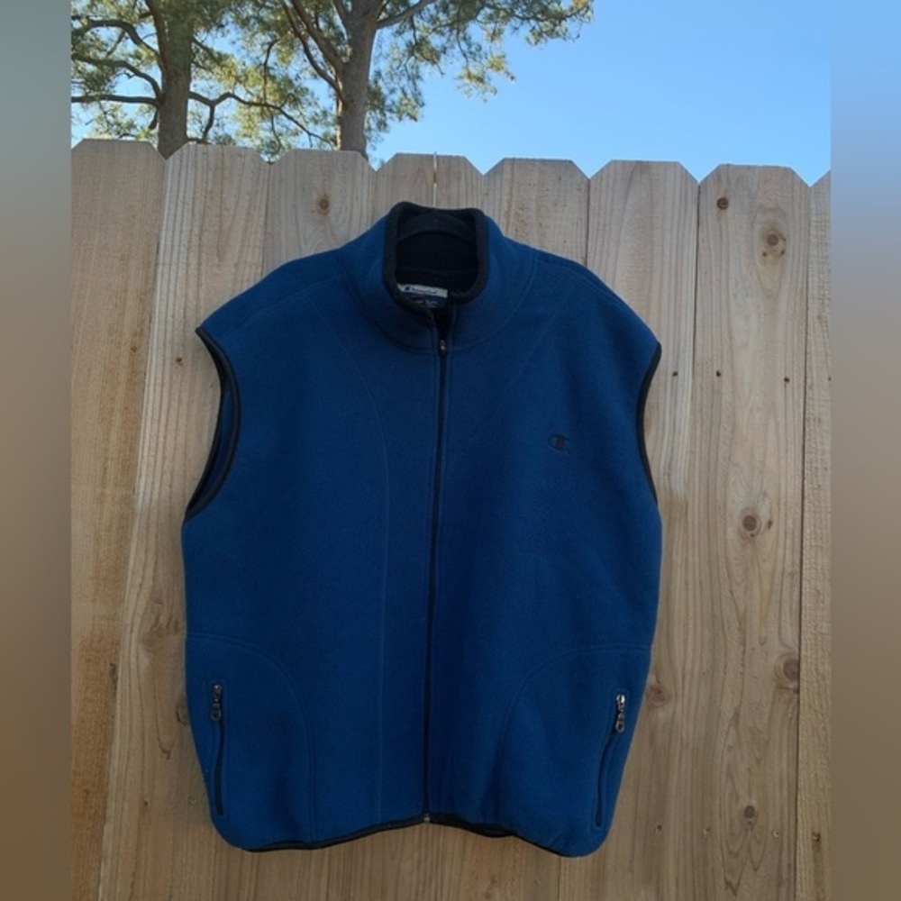Vintage Champion Fleece‎ Vest Size XL blue black zip up vtg mens pockets